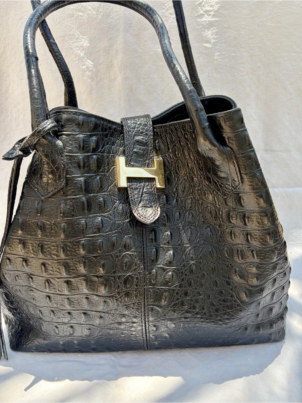 Black Croc-Embossed Italian Leather shoulder bag with Gold “H”